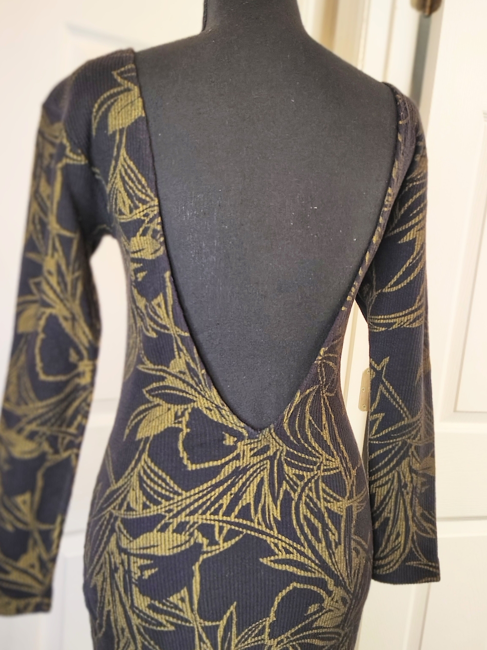 Vintage 70s Black Gold Dress Open Back Cotton Retro Prom Mother's Day Size M